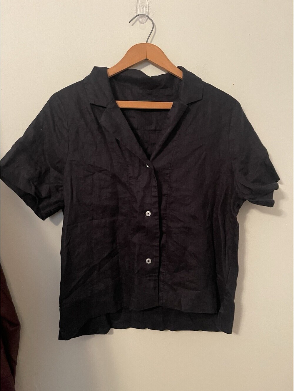 Quince 100% European Linen Shirt Women Black Short Sleeve Button Up Top Small A